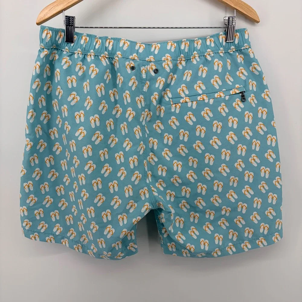 Tom & Teddy‎ Mens XL Swim Trunks Light Blue Flip Flop Print Mesh Lined Shorts